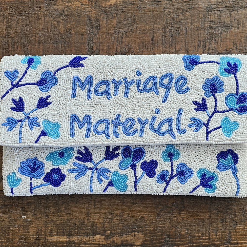 Beaded 'Marriage Material' Floral Clutch - Blue on Ivory - Picture 2 of 6